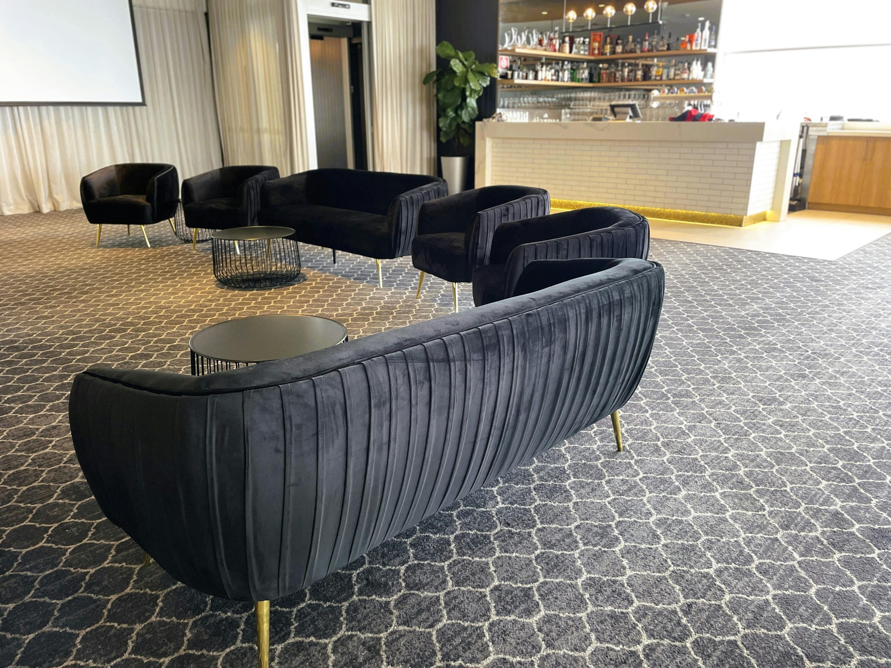 Otford Black Velvet Lounge Setting with Black Jervis Coffee Tables