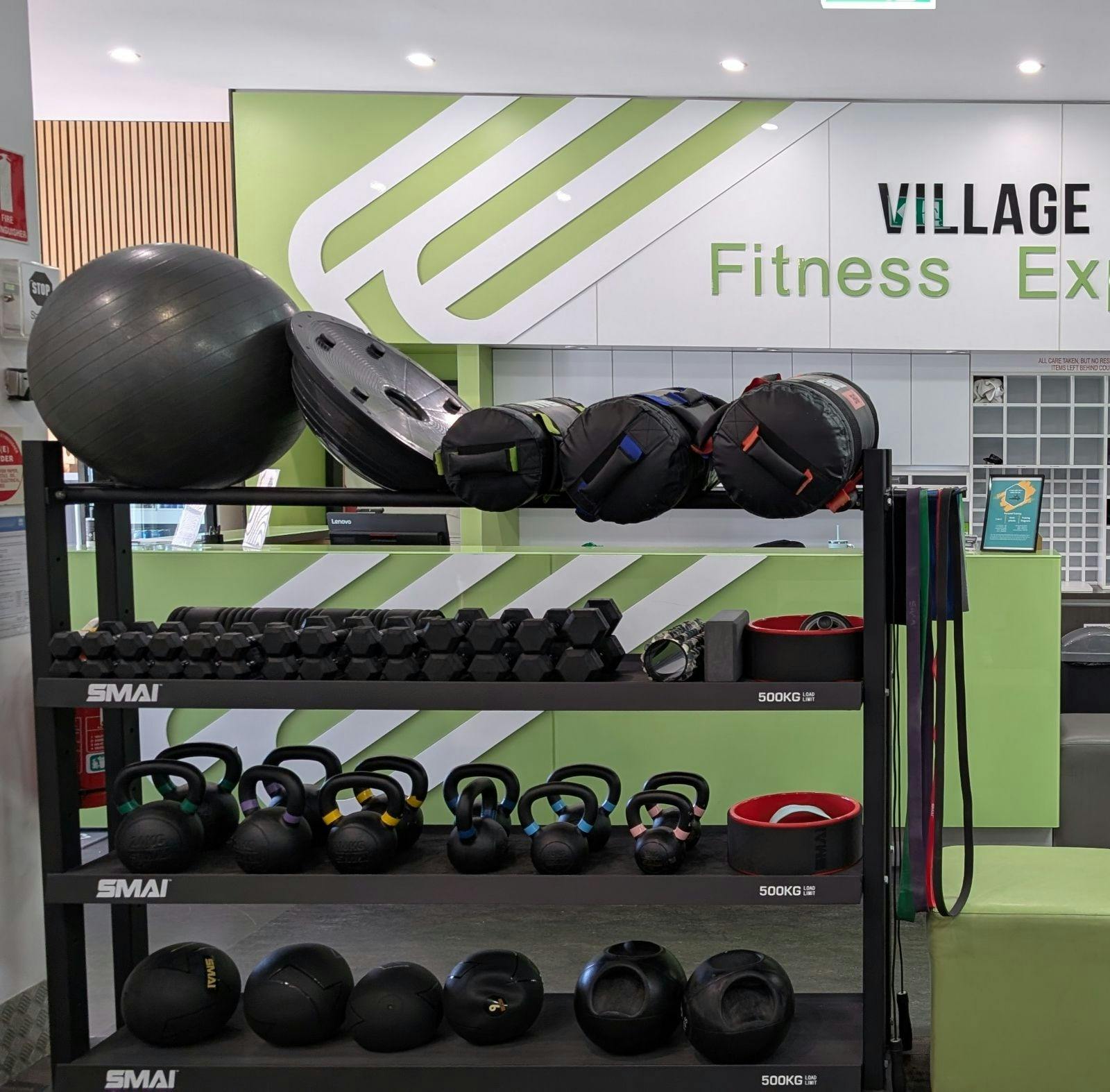 Free weights and exercise equipment on display