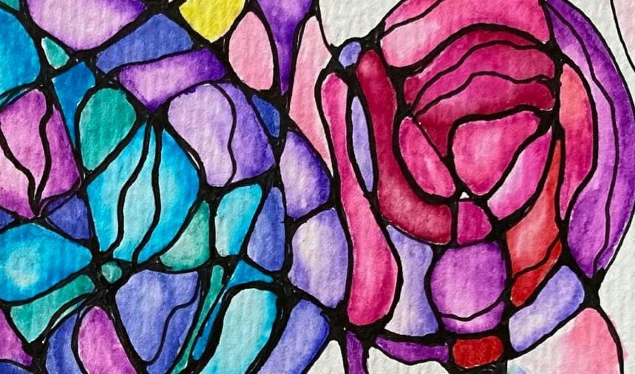 Image with lots of colours including blues, purple, pinks and yellow