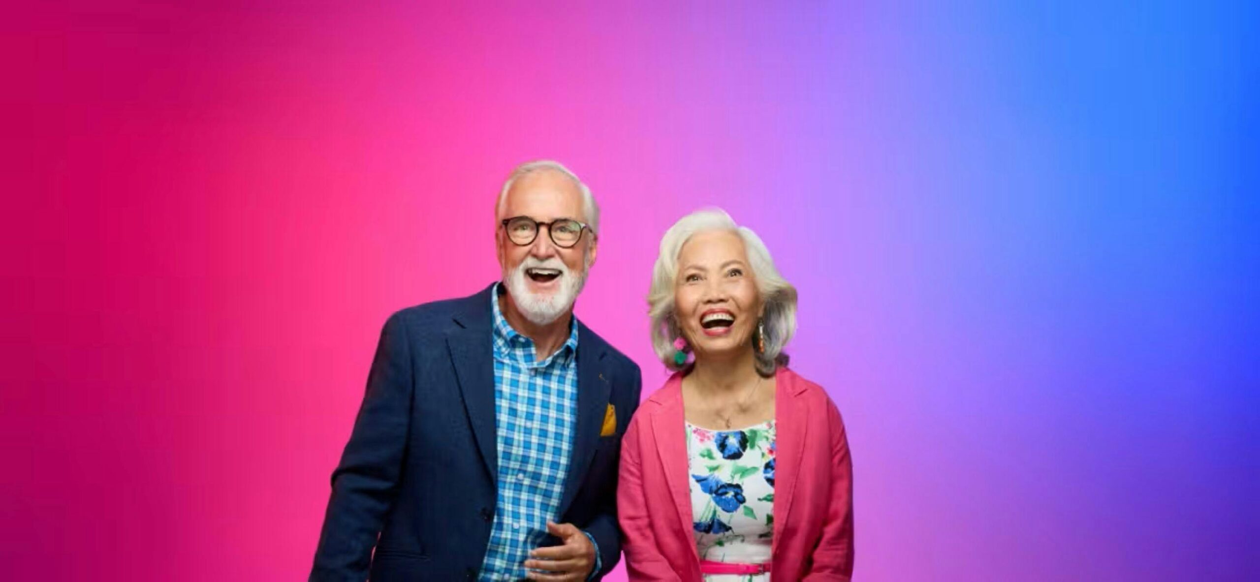 A man and a woman with grey hair and a pink background for NSW Seniors Week