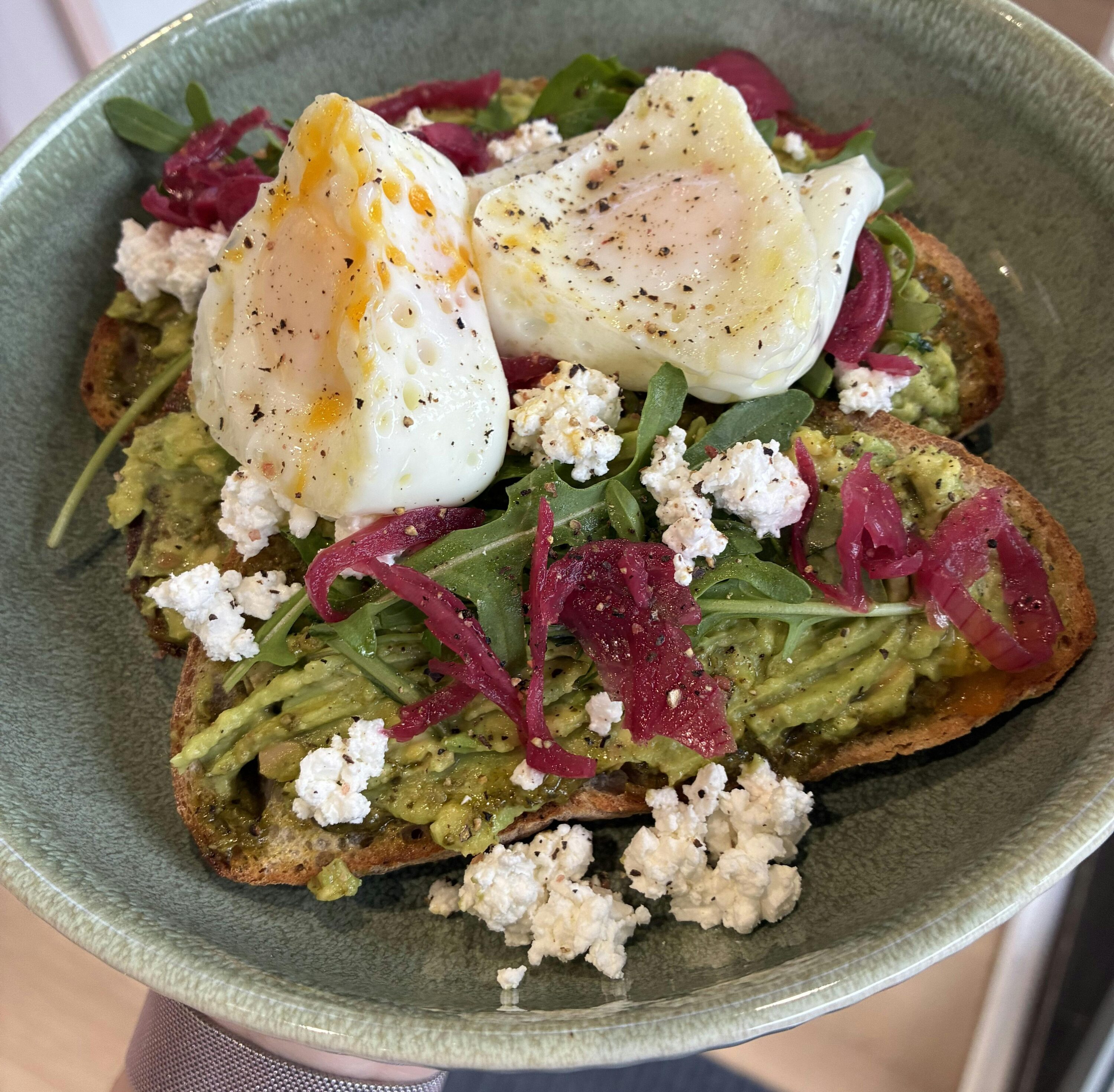 Poached eggs on soughdough with beetroot and feta